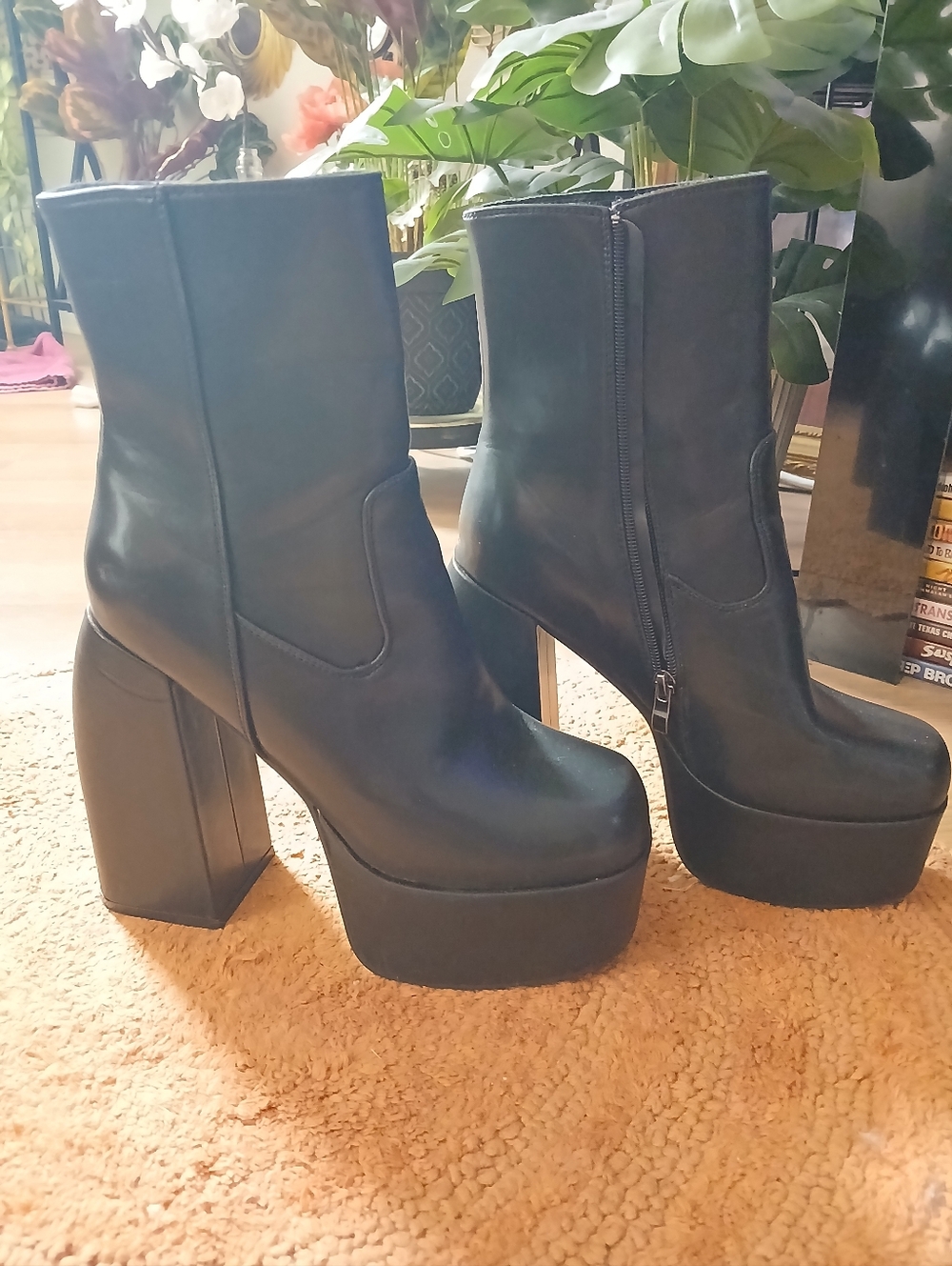 Black Leather Mid-Calf Platform Boots